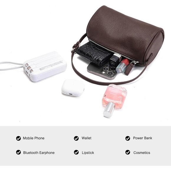 Genuine Leather Crossbody Bag for Women Small Barrel Purse Shoulder Handbag - Picture 5 of 7